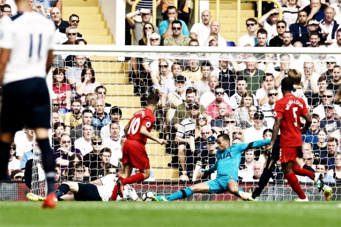 LONDON, ENGLAND - Saturday, August 27, 2016: Liverpool's Philippe Coutinho Correia sees his shot saved by Tottenham Hotspur's goalkeeper Michel Vorm during the FA Premier League match at White Hart Lane. (Pic by David Rawcliffe/Propaganda)